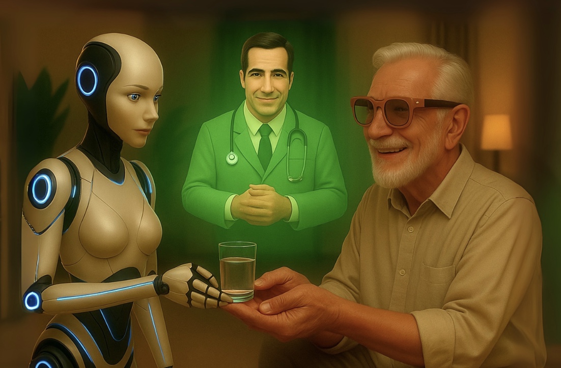 Humanoid Robot, Doctor, and Patient in Healthcare Setting
